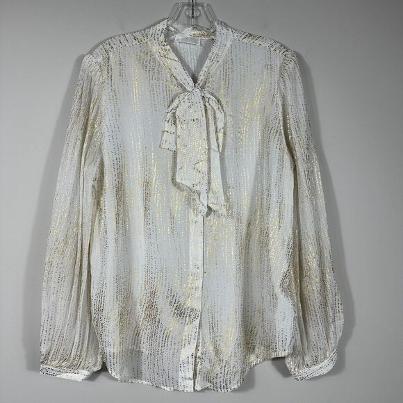 NWT 7 For All Mankind Silk Blend Tie Neck Blouse White Gold Button Down Sz Large - Picture 5 of 13